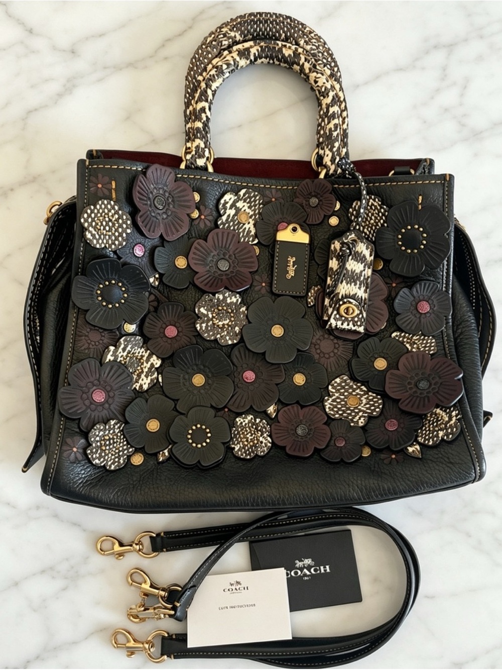 Coach 1941 Rogue Black Snakeskin Tea Rose Bag Rare Leather Shoulder Bag